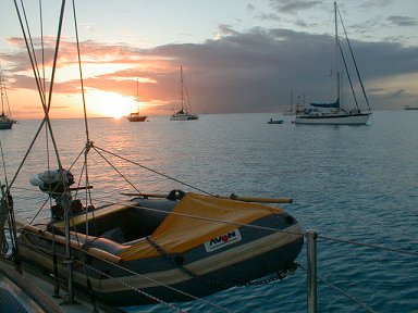 Dinghy hoisted for the night